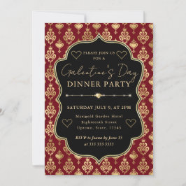 Convites Red & Gold Heart Damask Galentine's Dinner Party
