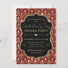 Convites Red & Gold Heart Damask Galentine's Dinner Party