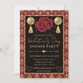 Convites Red & Gold Heart Damask & Rose Valentine's Dinner