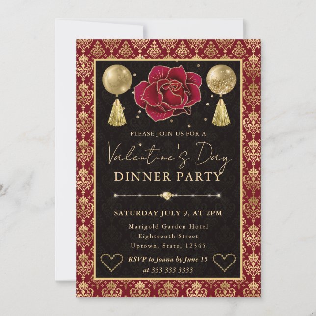 Convites Red & Gold Heart Damask & Rose Valentine's Dinner (Frente)