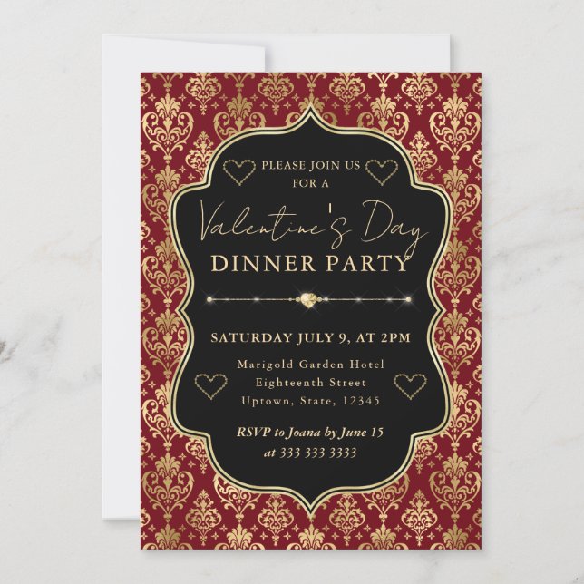 Convites Red & Gold Heart Damask Valentine's Dinner Party (Frente)