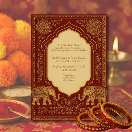 Convites red gold hindu elephant ornate mandala wedding