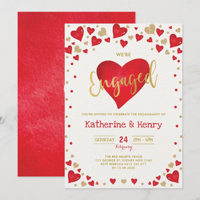 Convites Red Gold Valentines Sweetheart Engagement Party (Frente/Verso)