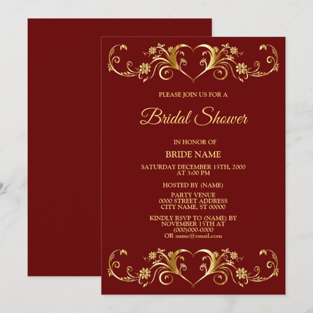Convites Red Golden Geometric Elegant Bridal Shower Party (Frente/Verso)