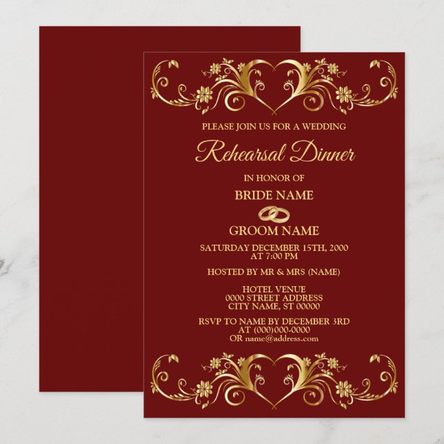 Convites Red Golden Geometric Wedding Rehearsal Dinner (Frente/Verso)