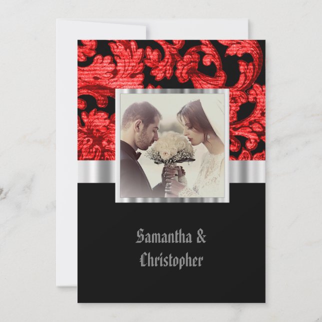 Convites Red Gothic damask wedding photo invitation (Verso)