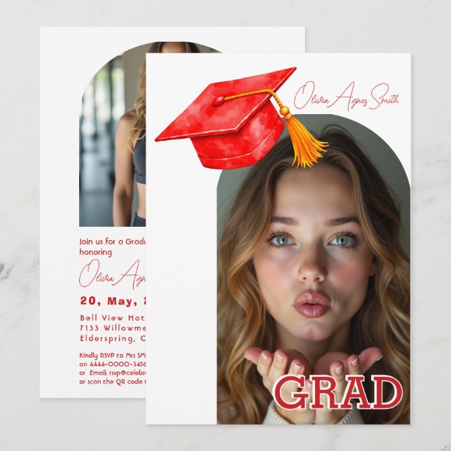 Convites Red Graduation Hat Accent Dual‑Photo QR Code (Frente/Verso)