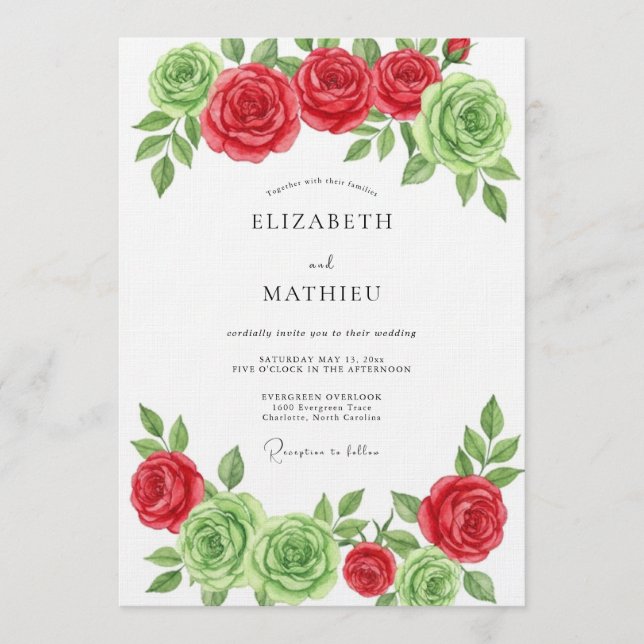 Convites Red Green Floral Bloom Wedding (Frente)