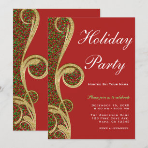 Convites Red Green Gold Swirl Festa de Natal