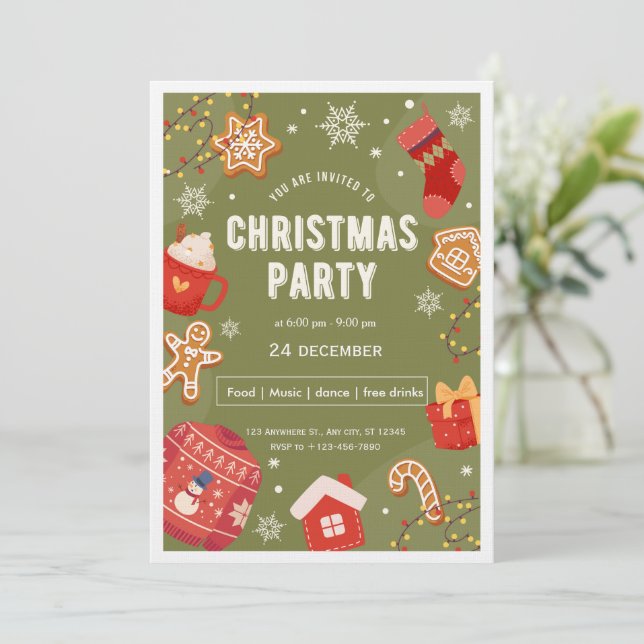 Convites Red & Green Illustrative Christmas Party Invita (Em pé/Frente)