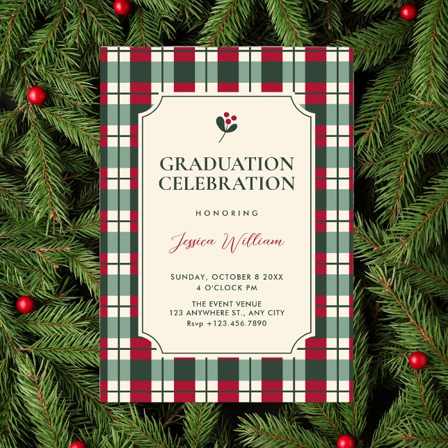 Convites Red green plaid tartan pattern graduation (Criador carregado)
