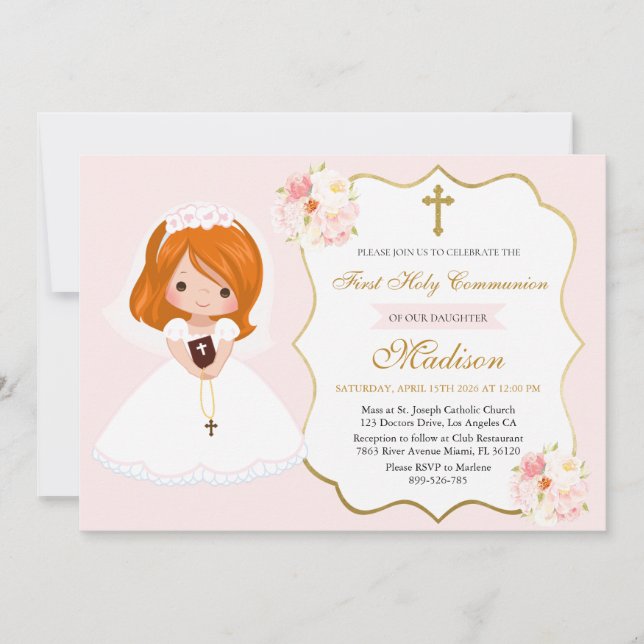 Convites Red haired Girl First Holy Communion Invitation (Frente)