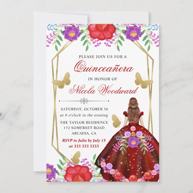 Convites Red Haired in Mexico Floral Dress Quinceañera (Frente)