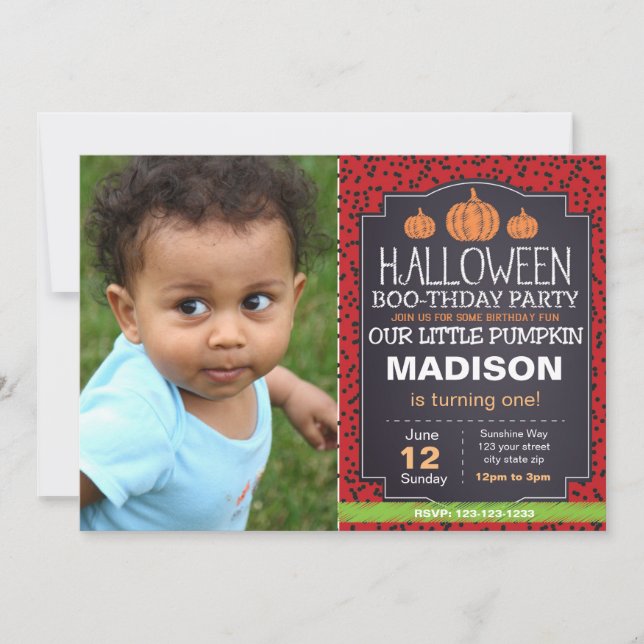 Convites Red Halloween Pumpkin Invite com foto (Frente)