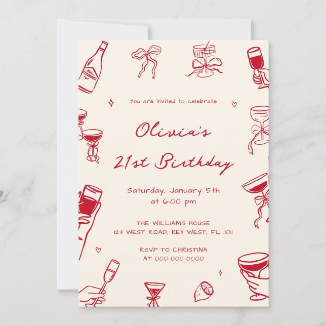 Convites Red Hand Drawn Adult Birthday Party (Frente)