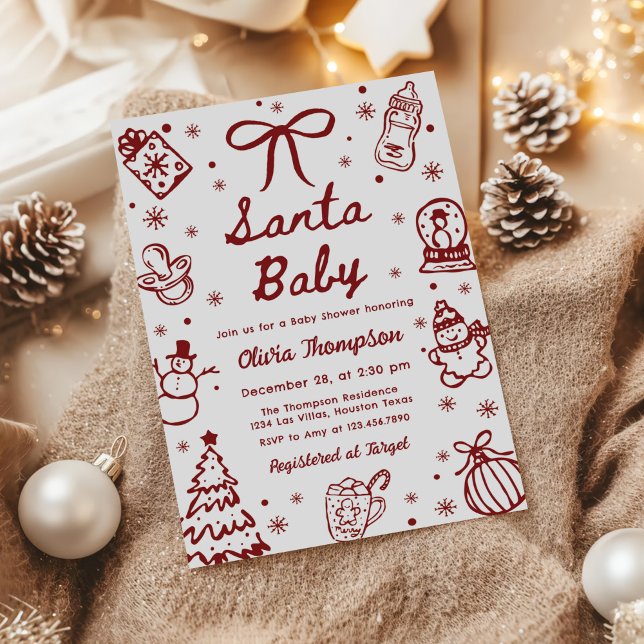 Convites Red Hand Drawn Christmas Santa Baby Shower (Criador carregado)