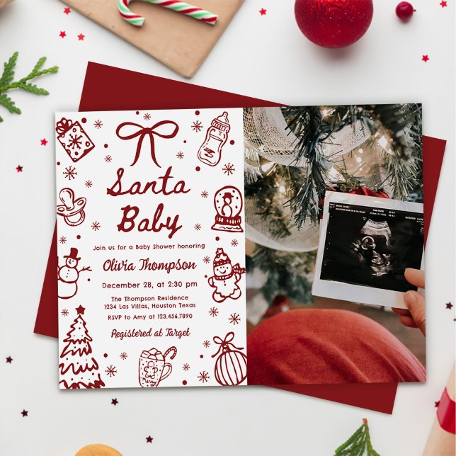 Convites Red Hand Drawn Christmas Santa Baby Shower Photo (Criador carregado)