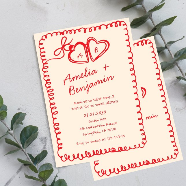 Convites red hand drawn heart Whimsical Wedding  (Criador carregado)