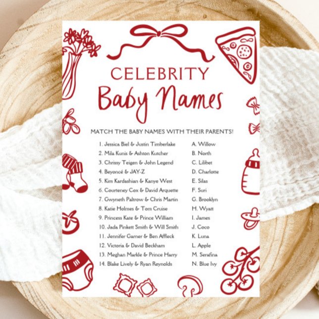 Convites Red Hand Drawn Italiana Celebrity Baby Name Game (Red Hand Drawn Italian Celebrity Baby Name Game)