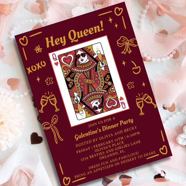 Convites Red Hand Drawn Queen Of Hearts Galentine's Party (Criador carregado)