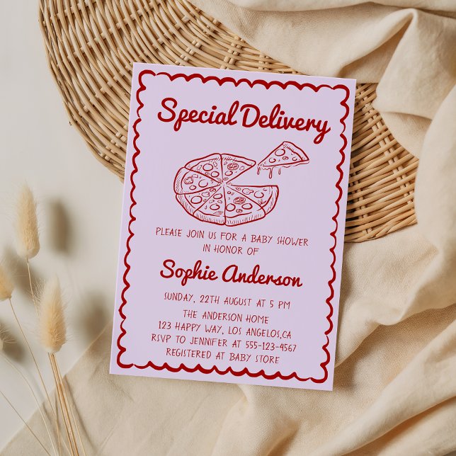 Convites Red Hand Drawn Special Delivery Pizza Baby Shower (Criador carregado)