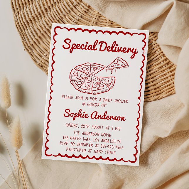 Convites Red Hand Drawn Special Delivery Pizza Baby Shower (Criador carregado)