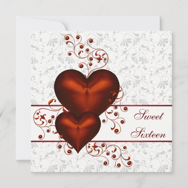 Convites Red Heart Damask White Sweet Sessenta (Frente)