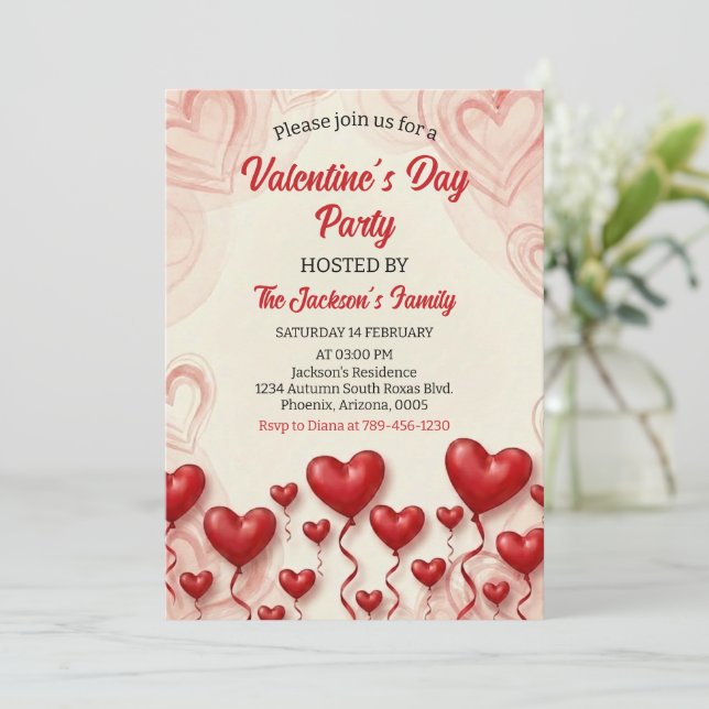 Convites Red Hearts Valentine's Day Party (Em pé/Frente)