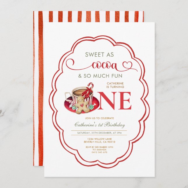 Convites Red Hot Cocoa and Cookies 1st birthday  (Frente/Verso)