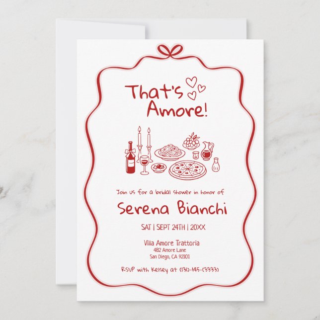 Convites Red Italian Pasta and Pizza Doodles Bridal (Frente)
