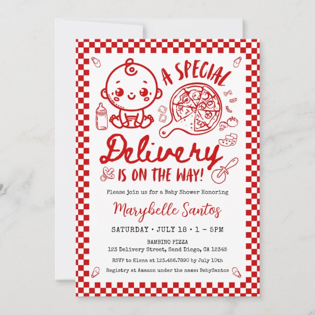 Convites Red Italian Special Delivery Baby Invitation (Frente)