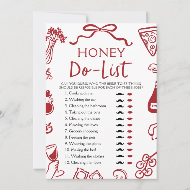 Convites Red Italiana Amore Honey Do List Game (Frente)