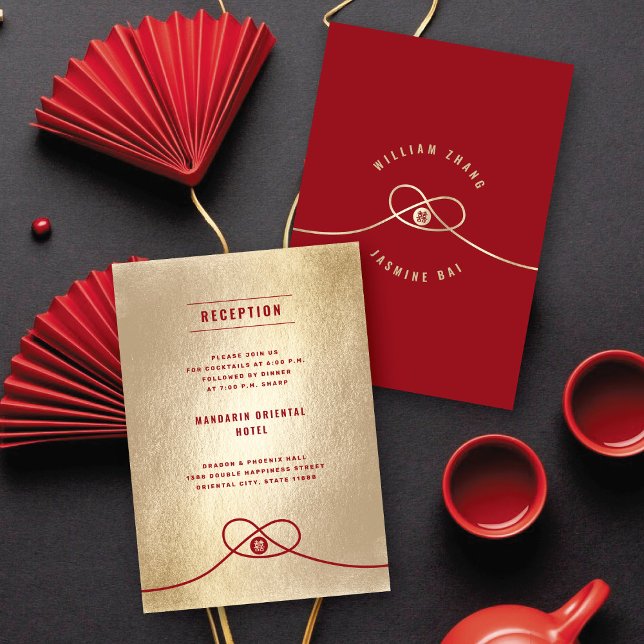 Convites Red Knot Union Double Xi Recepção de casamento Chi (Gold/Red Knot Union Double Happiness Modern Chinese Wedding Reception Invitation @ fatfatin_red_knot)
