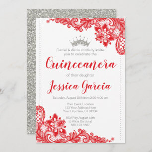 Convites Red Lace e Silver Glitter Princesa Quinceañera