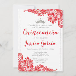 Convites Red Lace e Silver Glitter Princess Quinceañera