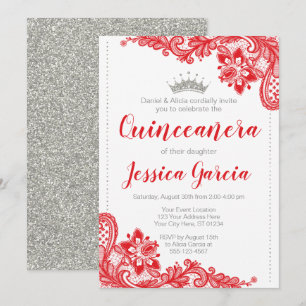 Convites Red Lace e Silver Glitter Princess Quinceañera