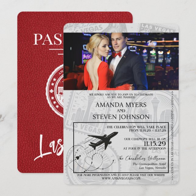 Convites Red Las Vegas Passport Wedding (Frente/Verso)