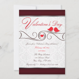 Convites Red Love Birds Damask Dia de os namorados Invtions