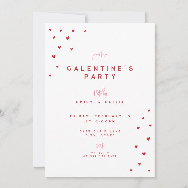 Convites Red Love Heart Valentine's Galentines Party Invite (Frente)