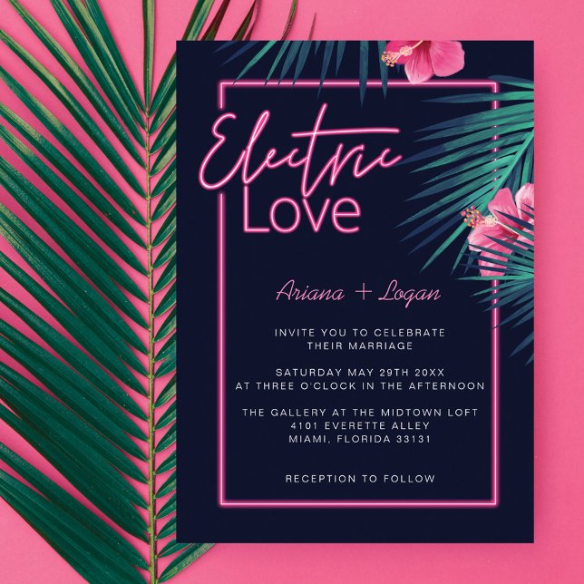 Convites Red Love Neon Pink Tropical Retro Casamento (Electric Love Neon Pink Tropical Retro Wedding Invitation)