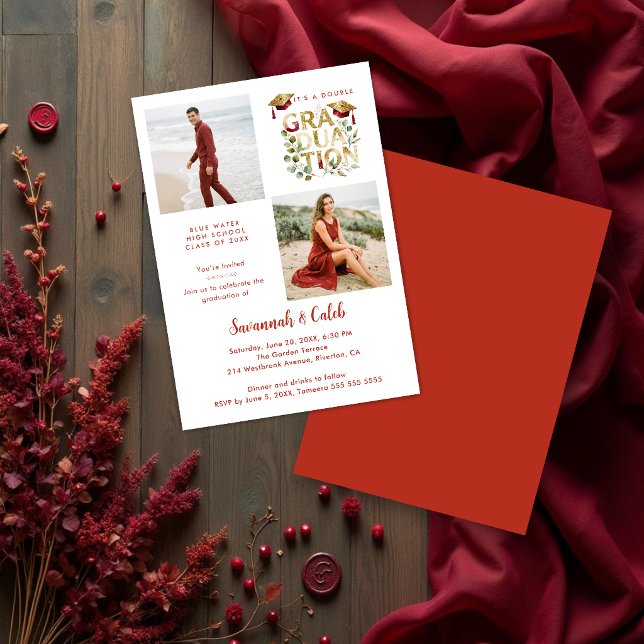 Convites Red Luxury Glitter Siblings Twins Grads TMF26 (Luxury red and gold glitter faux effect siblings graduation invitation featuring double photos.)