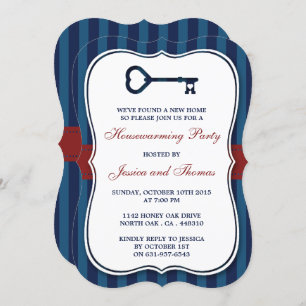 Convites Red & Marinho Stripe Heart Key New Home