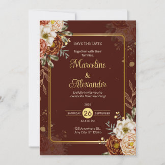 Convites Red Maroon Gold Floral Elegant Wedding Invitation