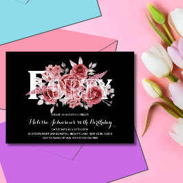 Convites Red Maroon Greenery Floral 40º Aniversário Negro