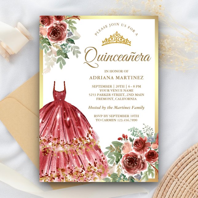 Convites Red Marsala Vestido Floral Dourado Quinceanera (Criador carregado)
