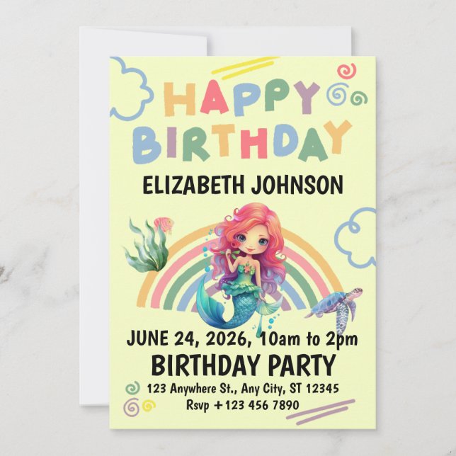 Convites Red Mermaid Birthday Invitation in Yellow (Frente)