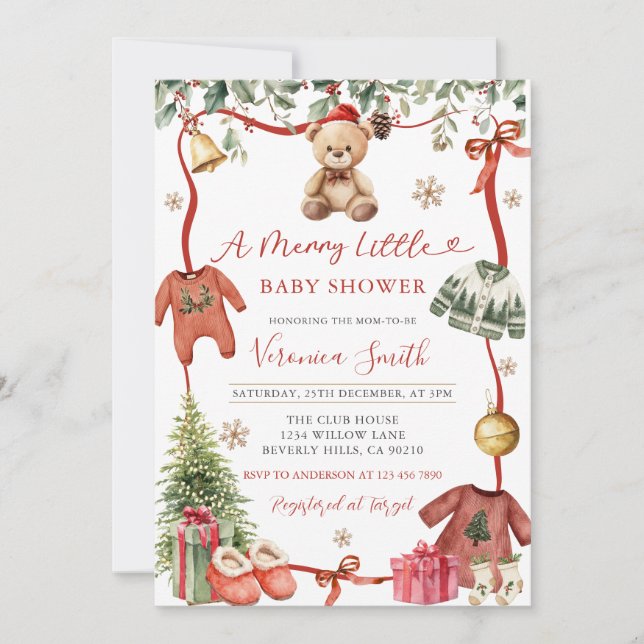 Convites Red Merry Little Winter Christmas Baby Shower Invi (Frente)