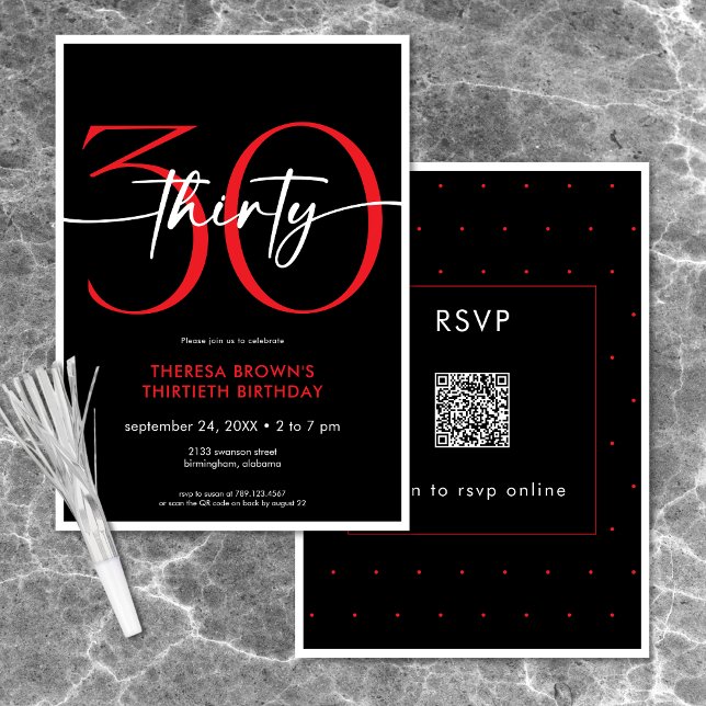 Convites Red Mínimo Moderno 30 Script Birthday QR (Modern Minimal Red Thirty Script Birthday QR Invitation)