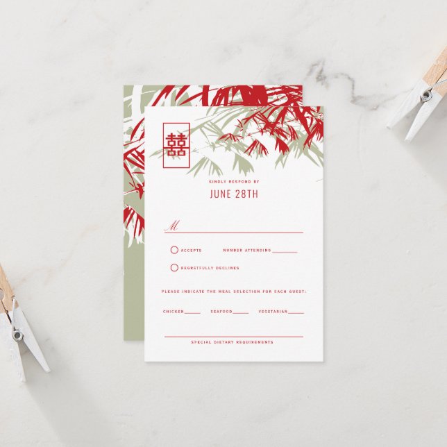 Convites Red & Moss Cinza Bamboo deixa RSVP de Casamento Ch (Frente/Verso In Situ)