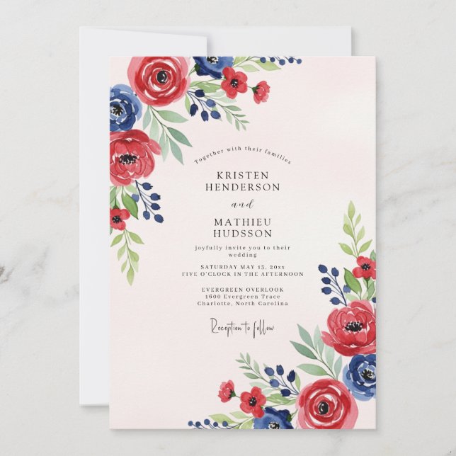 Convites Red Navy Blue Watercolor Summer Wedding (Frente)